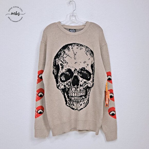 NWT RGSTR Heart Skull Crewneck Knit Goth Sweater Tan Black Red Men XL